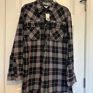 Plus Size 22/24 Black Plaid Button Front Tunic Shirt Longline Flannel